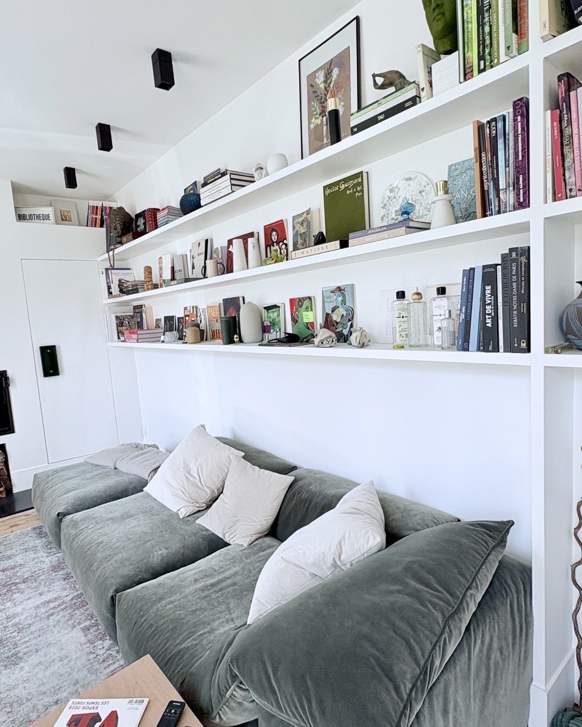 Canapé en velours vert et mur de bibliothèque de la Maison Bo Terra