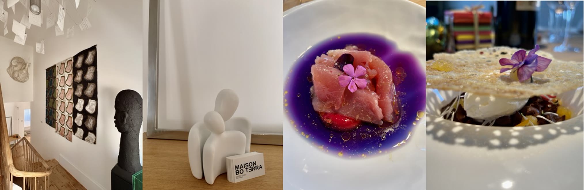 Collage der Maison Bo Terra: Kunstgalerie im Haus, Willkommensskulptur und Gerichte der gastronomischen Tafel